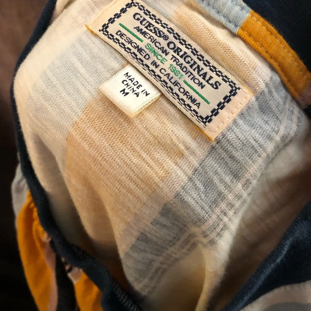 GUESS Men's Yellow, White & Navy Vertical Stripe Tee - Picture 7 of 8